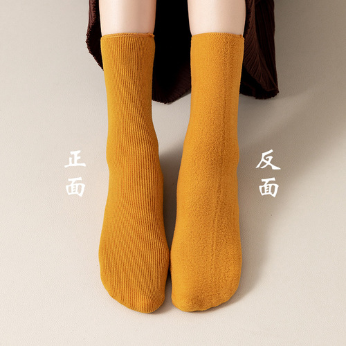 Autumn and winter men's and women's snow socks warm imitation cashmere plus velvet thickened snow socks women's solid color mid-calf floor socks