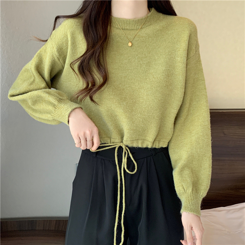 Coreano de color sólido simple perezoso estilo pequeño suéter de moda de otoño y invierno de cuello redondo cuerdas sueltas jersey de tendencia image 11