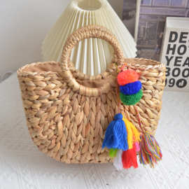 外贸葫芦草手提包时尚月亮包流苏装饰手工编织工厂直销