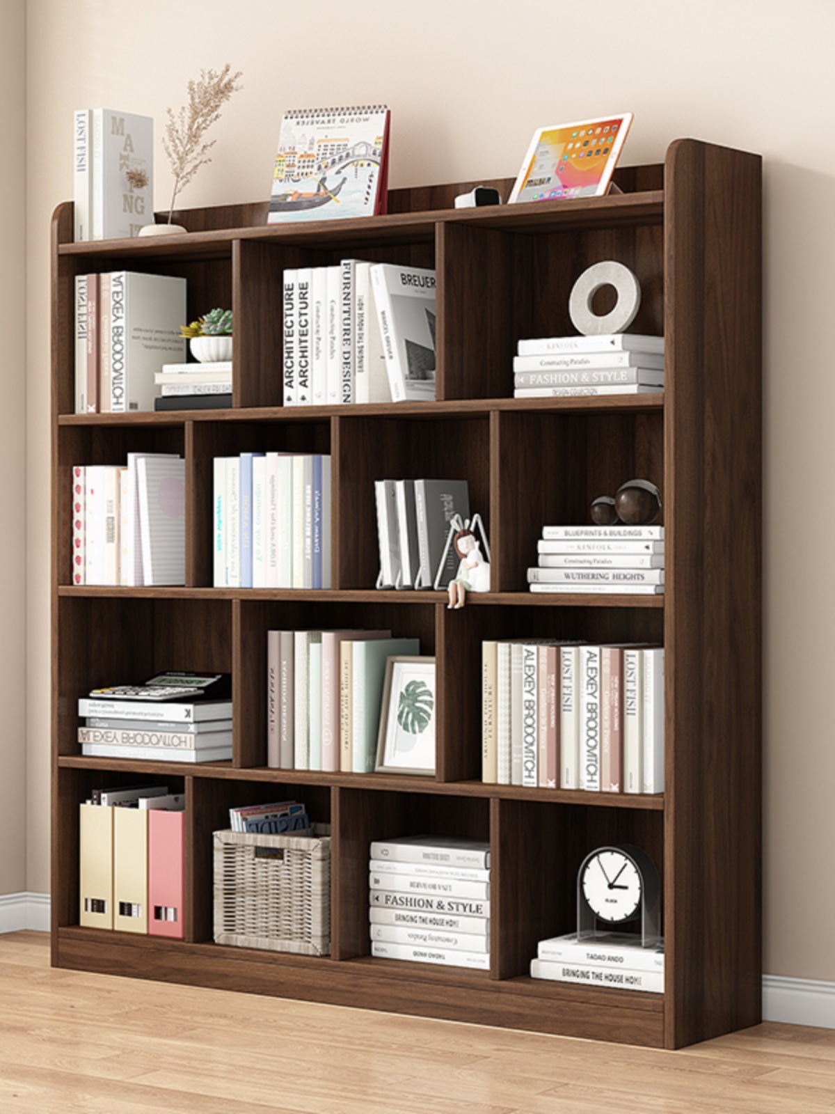 Children's Solid Wood Bookshelf Walnut Color Bookcase Floor-Standing Storage Rack Home Living Room Storage Cabinet Floor-Standing Storage Low Cabinet