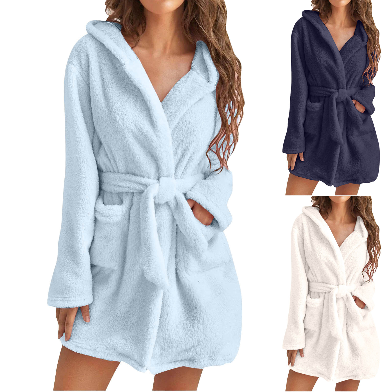 Herren Plüsch Home einfarbig Kapuze warm Pyjama Bademantel Damen_voghion.com