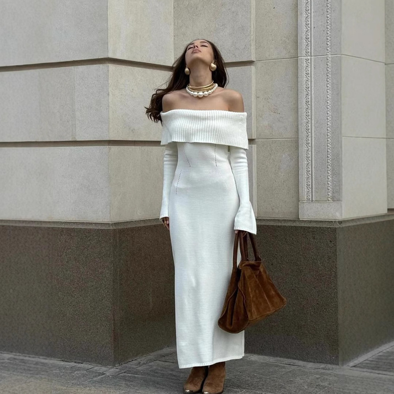 Source Manufacturer's New European and American Style Women's One-Shoulder Flared Sleeve Hollow-Out Knitted Long Dress Slim-Fit Dress Wholesale Source Manufacturer's New European and American Style Women's One-Shoulder Flared Sleeve Hollow-Out Knitted Long Dress Slim-Fit Dress Wholesale