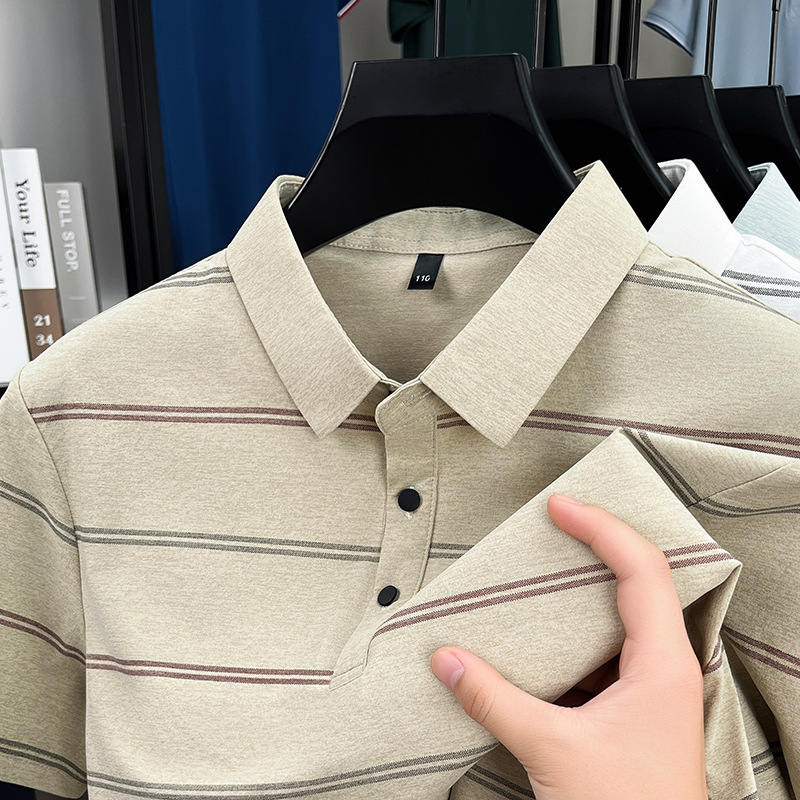 Polo Shirt T-Shirt Men's Short-Sleeved Summer Stripesd Breathable Lapel Loose Casual Top Short-Sleeved T-Shirt