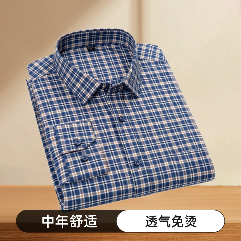 Pure Cotton Long-Sleeved Plaid Shirt, High-End, No-Iron Business Casual Shirt, Spring New Style, Men's Cotton Shirt