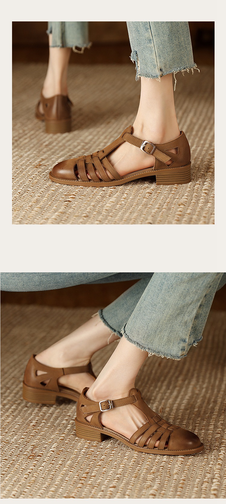 Sandal bít mũi da cừu phong cách La Mã quai chữ T dệt cho nữ — Màu caramel chi tiết 14