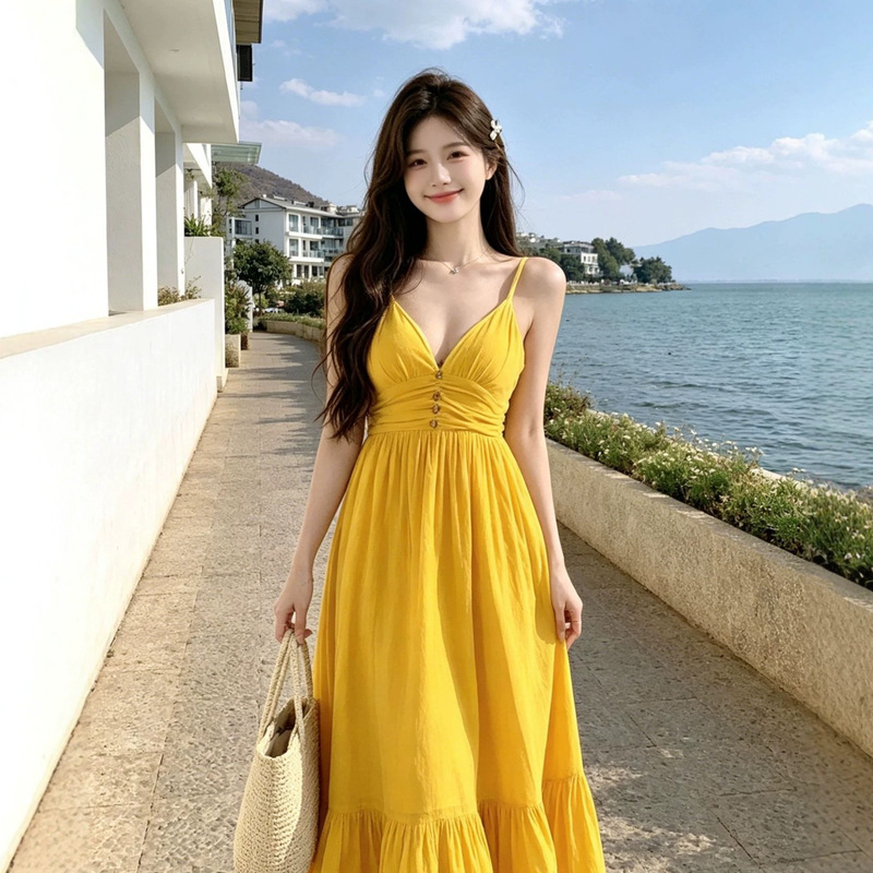 2026 Resort Style Mango Yellow Backless Suspender Dress Women's Beach Dress Niche Outfit 2026 Resort Style Mango Yellow Backless Suspender Dress Women's Beach Dress Niche Outfit