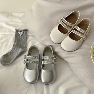 2025 Spring New Korean Style Silver Velcro Shoes Round Toe Fashion Easiest for Match Cute Performance Girls Princess Shoes