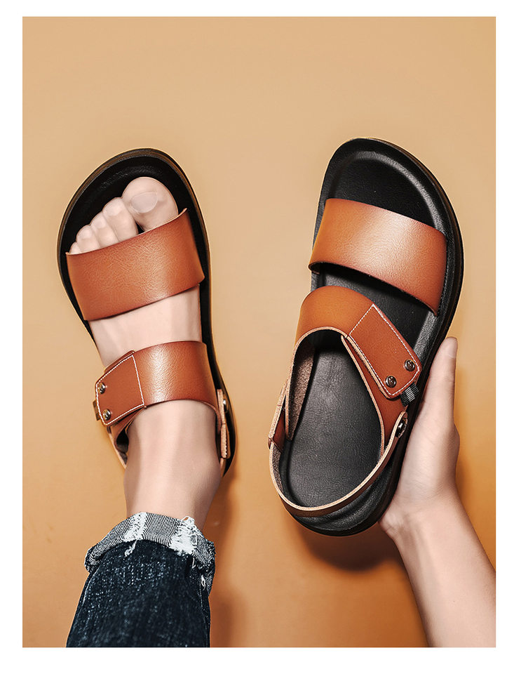 Dép sandal nam cao cấp hở ngón, quai da thoáng khí chống trơn trượt đi biển, đi ngoài trời — Màu xanh đậm trên nền nâu, Nền nâu vàng nâu, Nền nâu, nâu đậm., nền nâu đen chi tiết 13
