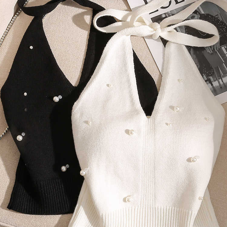 Hot Girl Slim-Fit Beaded Neck Camisole Women's Backless Distinctive Strap Design Sleeveless Pure Base Top