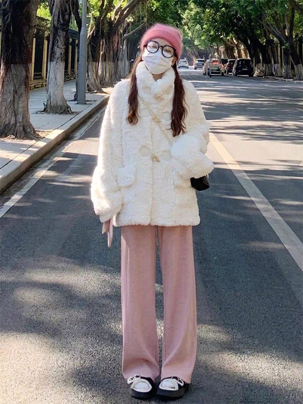 小香风白色羊羔毛外套女秋冬季毛茸茸仿兔毛绒加厚棉服秋季中长款|undefined