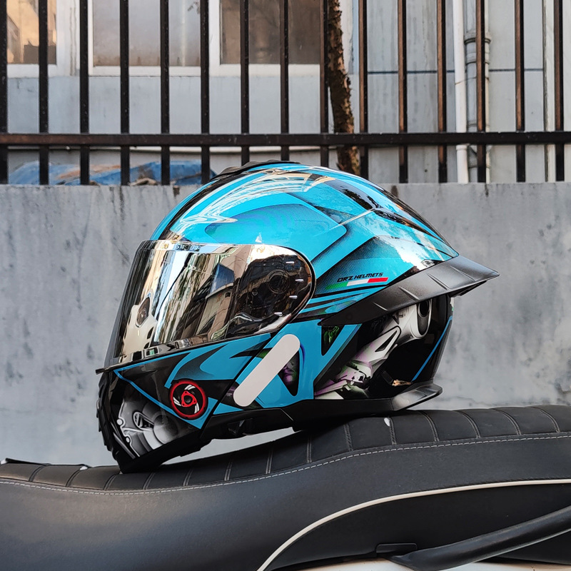 Casco de Motocicleta Orz con Certificación DOT para Hombre y Mujer, Casco Abierto con Visera Doble, Spoiler de Invierno, Cobertura Media, Azul para Todas las Estaciones.