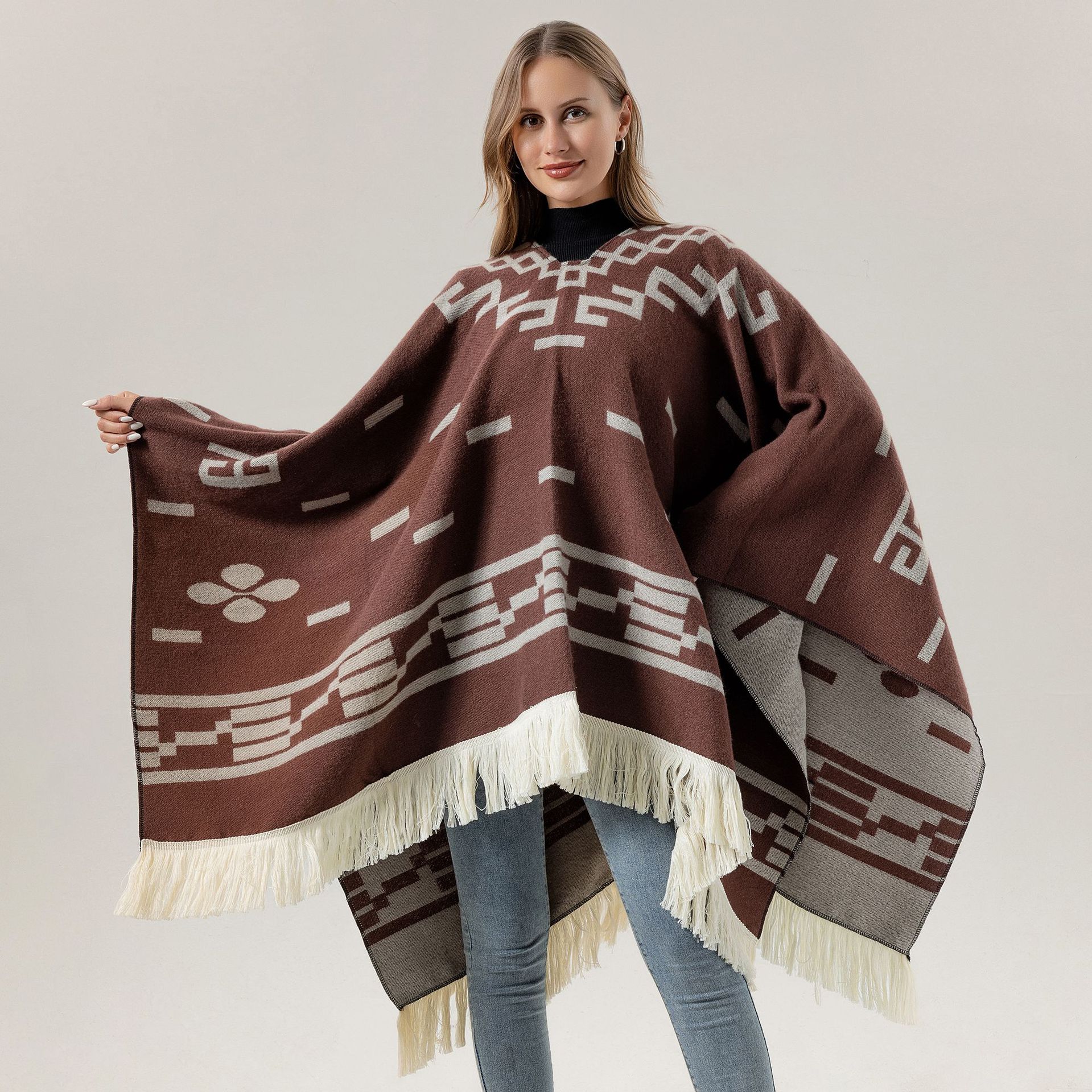 European and American Cross-Border Tassel Shawls, Men's and Women's Knitted Capes, Warm Large Shawls, Western Cowboy Style Pullover Capes