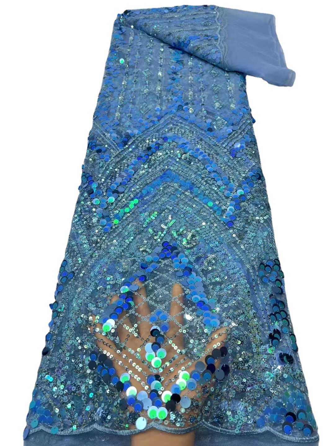 Europa y América colorido lentejuelas máquina bordada azul real encaje vestido de noche vestido de boda teñido encaje tela JX2507