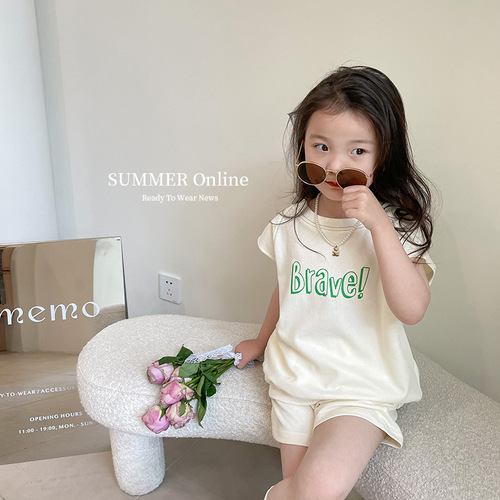 Elmo Beibei boys and girls neutral casual letter contrast short-sleeved tops shorts suit summer children's clothing
