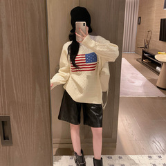 欧美复古老钱风五角星撞色条纹针织衫上衣麻花编织加厚套头毛衣