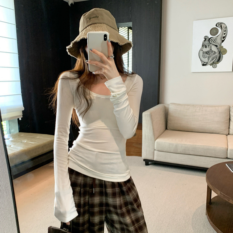 莱赛尔天丝羊毛早秋纯色气质圆领长袖T恤女新款修身显瘦内搭上衣|undefined