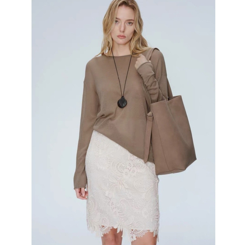 Prereworks Lazy Paper-Like Texture Cool Linen Slightly Sheer Round Neck Rolled Edge Long Sleeve Loose Knit Sweater Prereworks Lazy Paper-Like Texture Cool Linen Slightly Sheer Round Neck Rolled Edge Long Sleeve Loose Knit Sweater