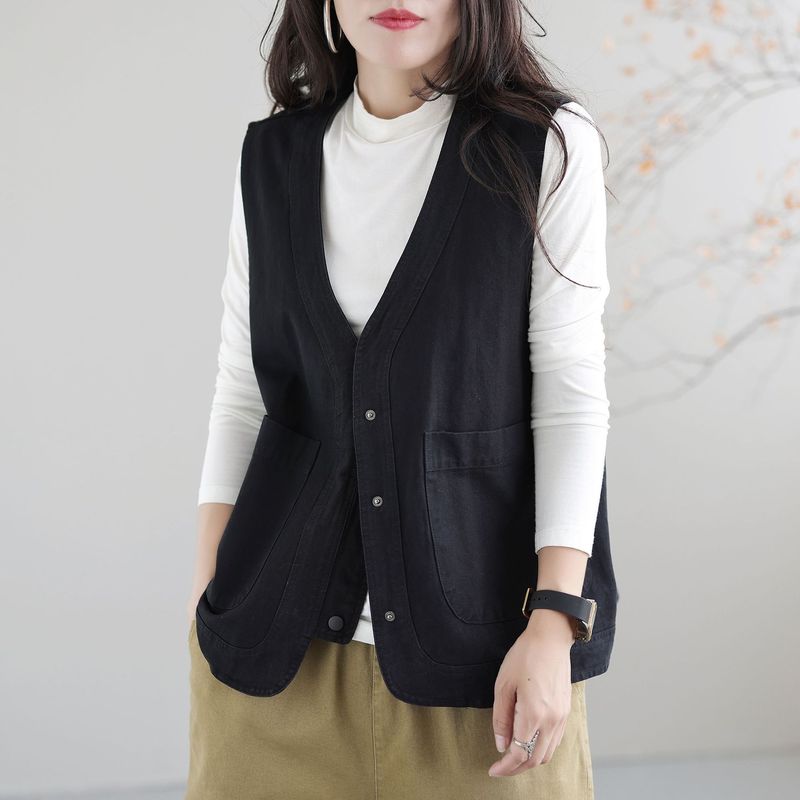 休闲出口日本欧美复古工装马甲女宽松显瘦背心领坎肩短外套|undefined
