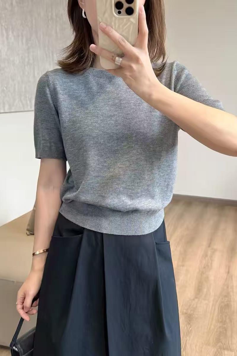 撤柜春夏圆领短袖宽松新款打底半袖针织衫薄款T恤毛衣女