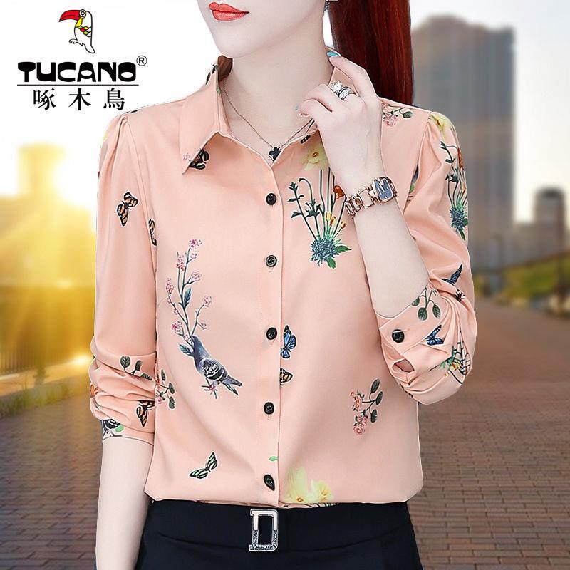 Woodpecker Print Shirt Women's Long-Sleeved 2025 Spring & Fall New Chiffon Shirt Middle-Aged Mother Retro Bottoming Top Woodpecker Print Shirt Women's Long-Sleeved 2025 Spring & Fall New Chiffon Shirt Middle-Aged Mother Retro Bottoming Top