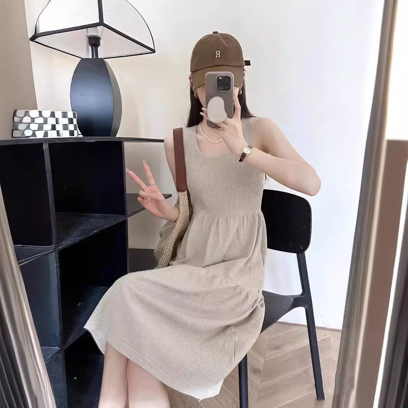 French Hepburn style waist slimming stitching layered dress women's summer sleeveless vest midi dress