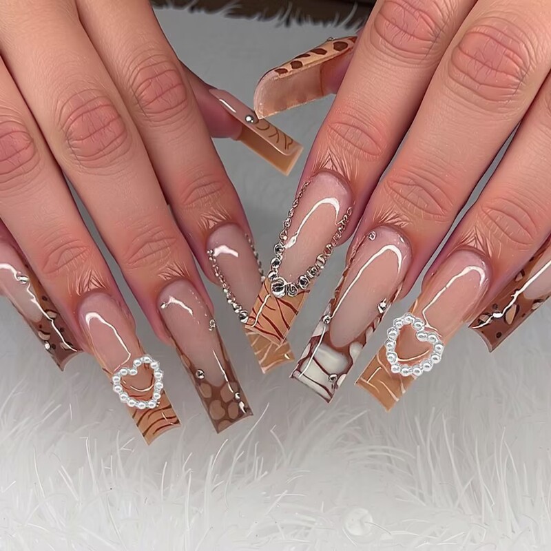 European and American Long Pipe Crocodile Pattern French Fake Nails Love Cool Fairy Wear Armor Press on nails
