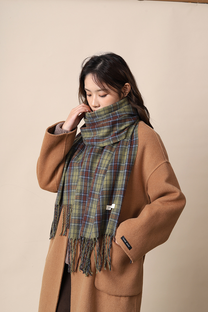 Neues grün kariertes Tuch im koreanischen Stil für Damen, vielseitig einsetzbar im Herbst und Winter, individuell und hochwertig, warmer Schal_voghion.com