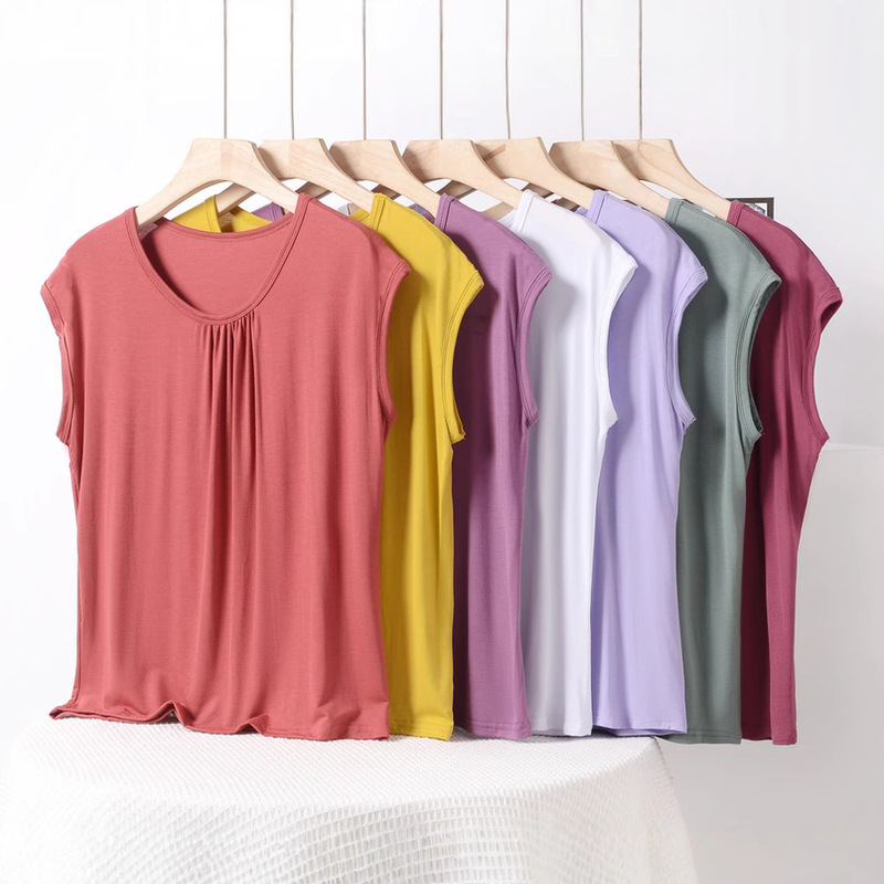 Summer plus size Mom's Sleeveless T-shirt Loose Slimming Pleated Vest Women's Thin Outer Wear Camisole Top