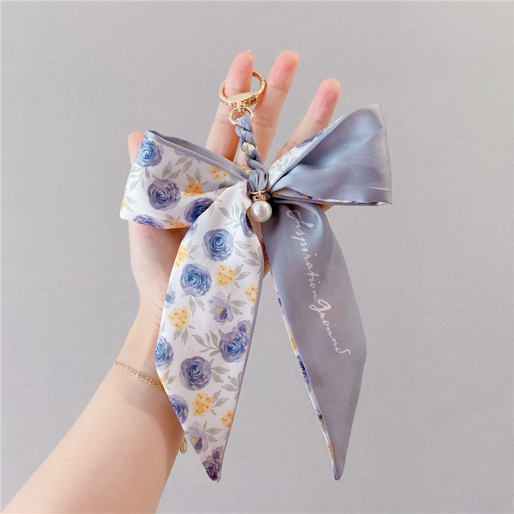 Cyber Celebrous Silk Scarf Bow Keychain Creative Pearl Ribbon Bow Tie Car Key Ring Cute Bag Pendant for Women Cyber Celebrous Silk Scarf Bow Keychain Creative Pearl Ribbon Bow Tie Car Key Ring Cute Bag Pendant for Women