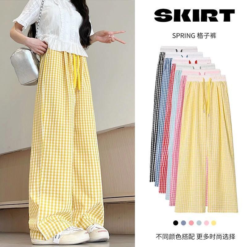 New Style Lazy Plaid Pants for Women, Drapey Wide-Leg Pants, Summer Thin High-Waisted Dopamine Pants, Casual Straight-Leg Pants