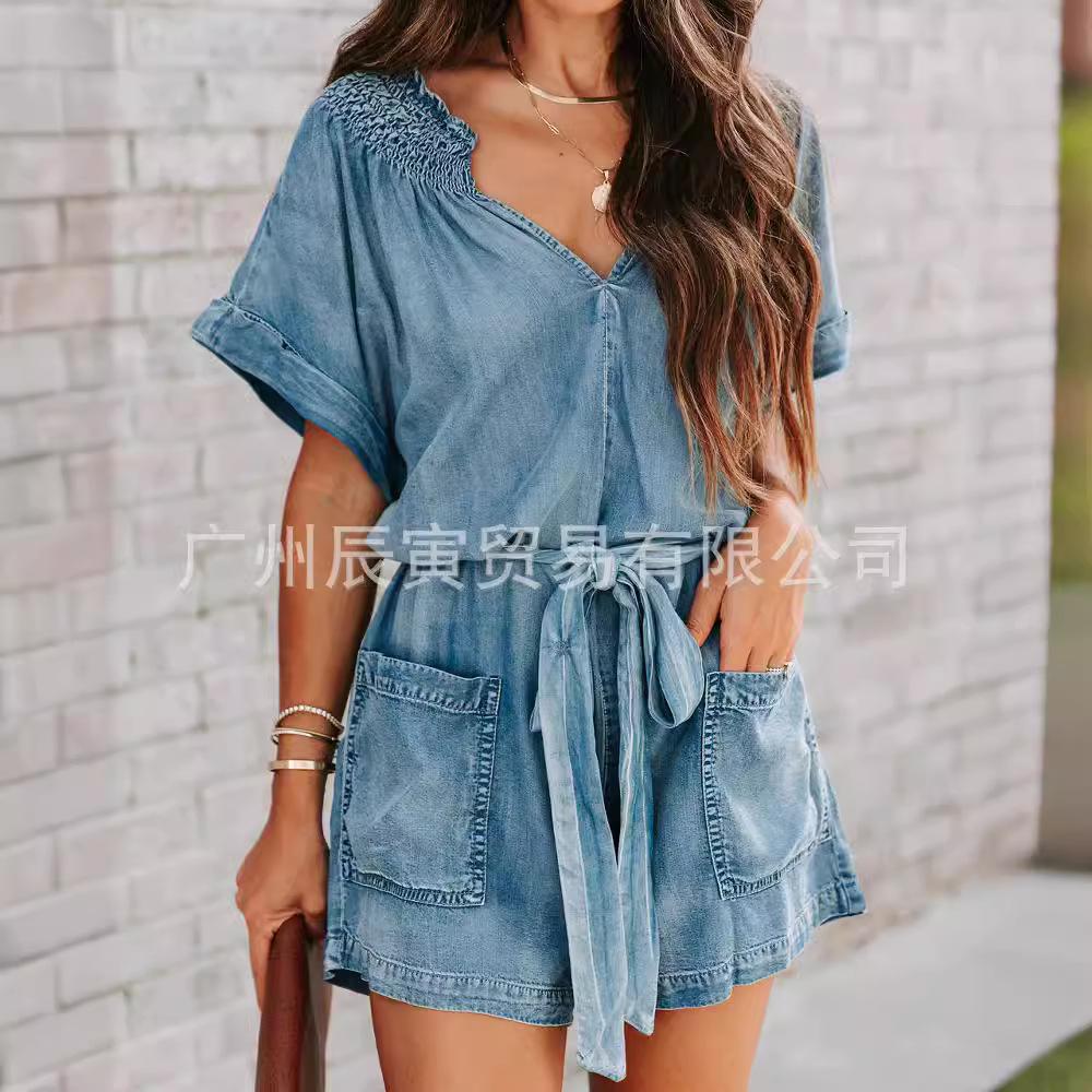 ins Hot Selling European and American Women's Summer Women's Denim Washing Water Old Loose Jumpsuit