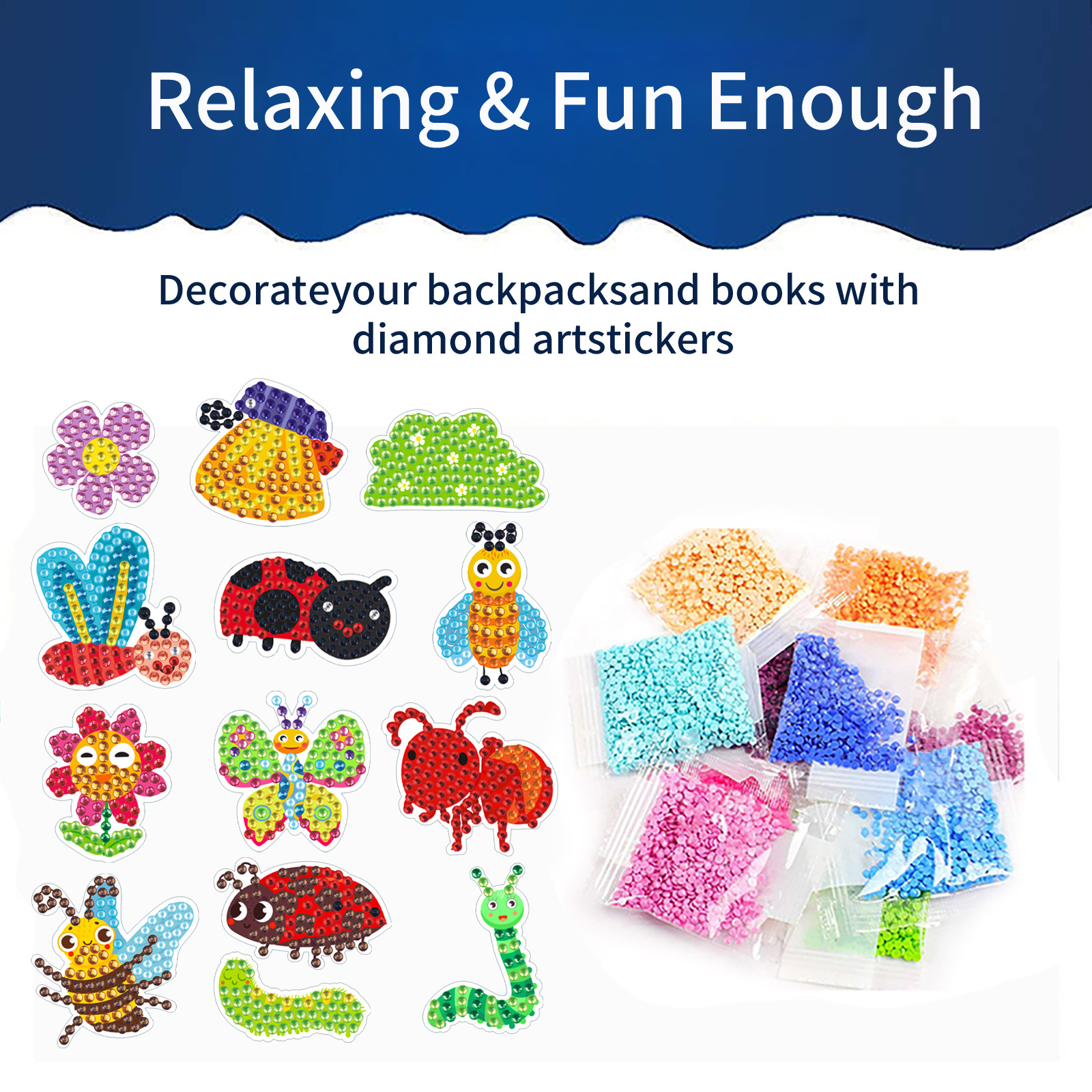 Venta caliente de dibujos animados pequeño insecto diamante pintura libre pegatinas DIY ladrillo pintura Pegatinas de pared hecho a mano 5d cristal brillante diamante