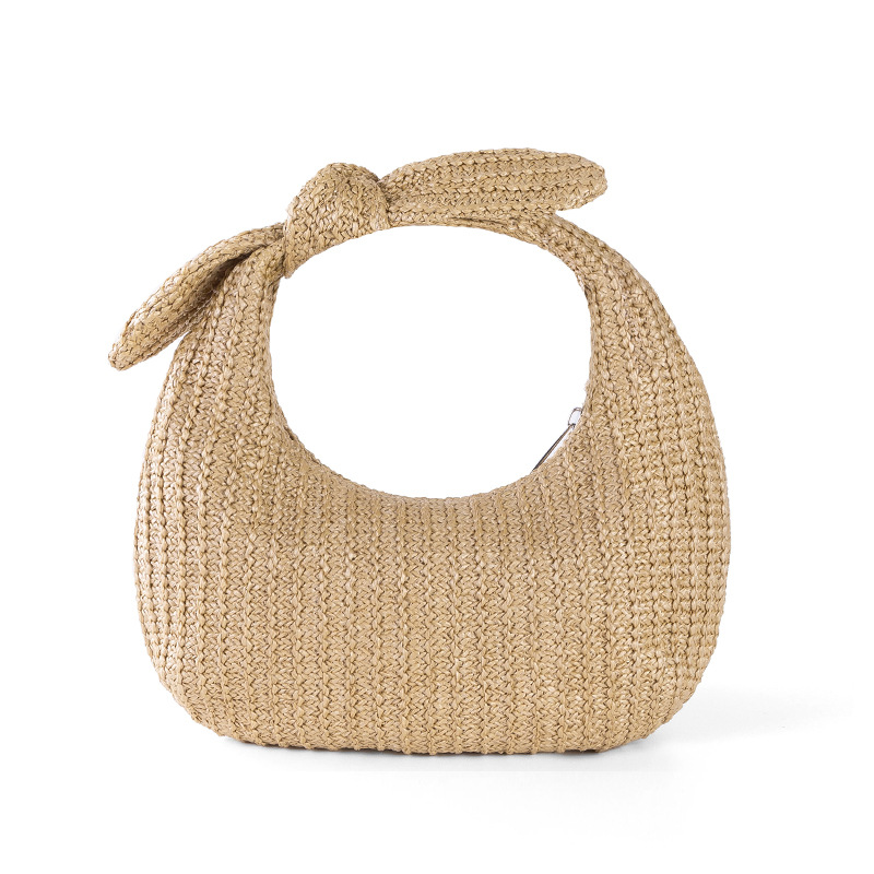 411g Weight Polyester Lining Material Women's Small Straw Bow Knot Elegant Streetwear Dumpling Shape Zipper Handbag