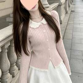 法式温柔甜美娃娃领长袖针织衫女新款设计感毛衣修身显瘦上衣外穿