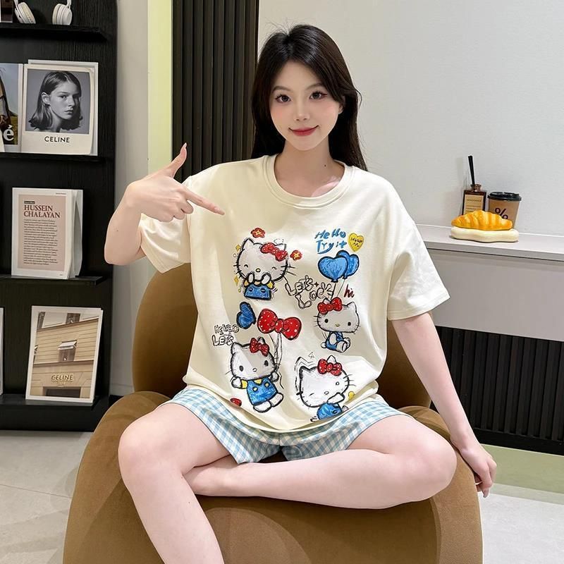 Venta al por mayor transfronteriza KT gato con almohadilla para el pecho pijamas mujeres verano manga corta traje de servicio a domicilio coreano lindo algodón nube