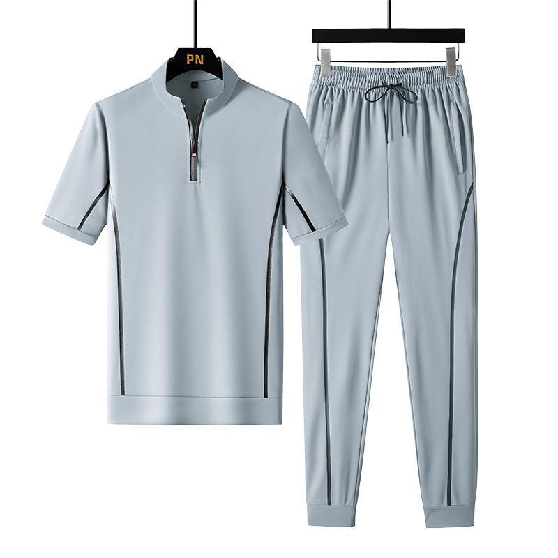 High-end ice silk summer casual sports short-sleeved trouser suit for men, loose fit, breathable, thin menswear with striped design