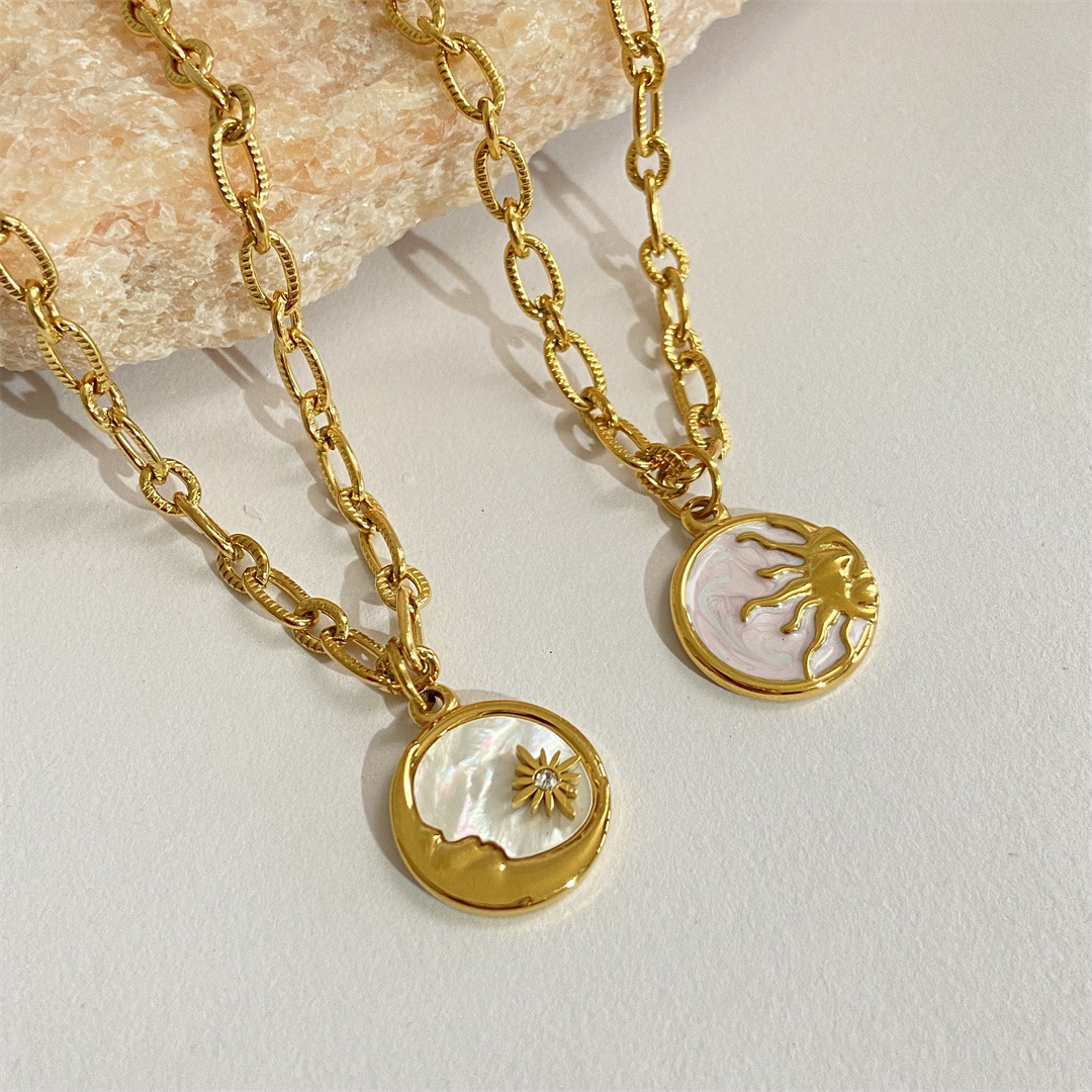 Titanium Steel Material Wholesale Jewelry Retro Sun Star Moon Titanium Steel Rhinestones Shell 18K Gold Plated Plating Inlay Pendant Necklace