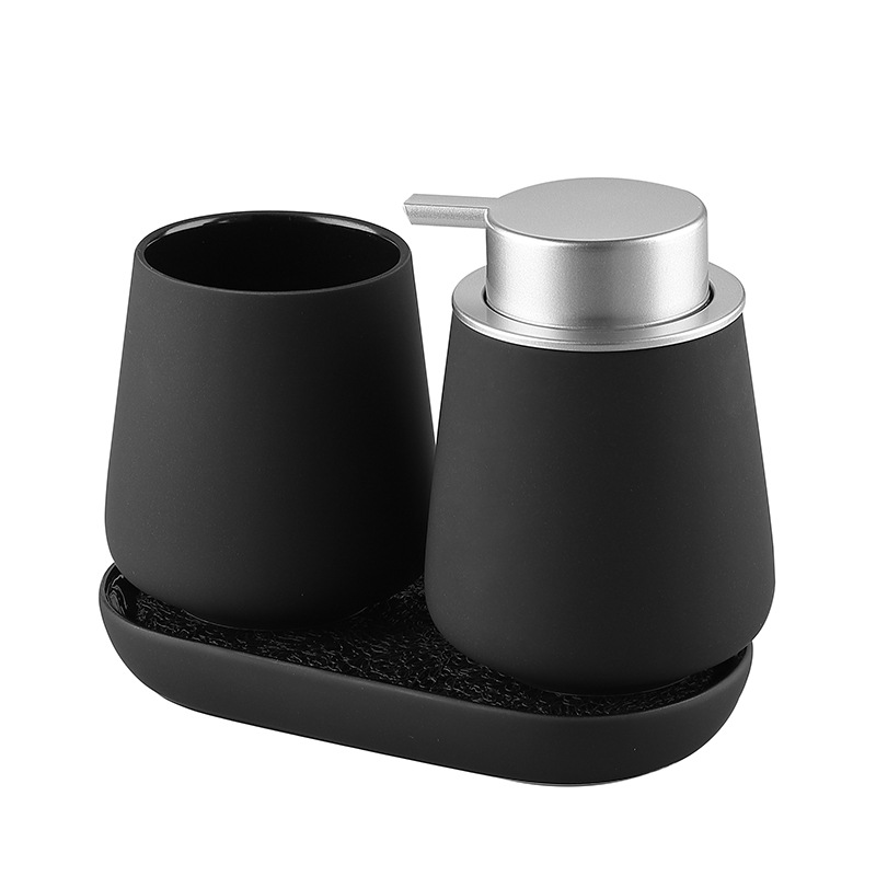 Amazon Venta caliente de cerámica baño juego de tres piezas de silicona pintura de goma Botella de jabón de espuma de prensa Taza de desinfectante de manos