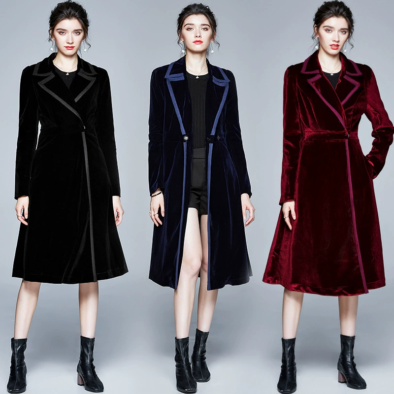 Velvet trench coat, long skirt, blue burgundy black jacket, European style