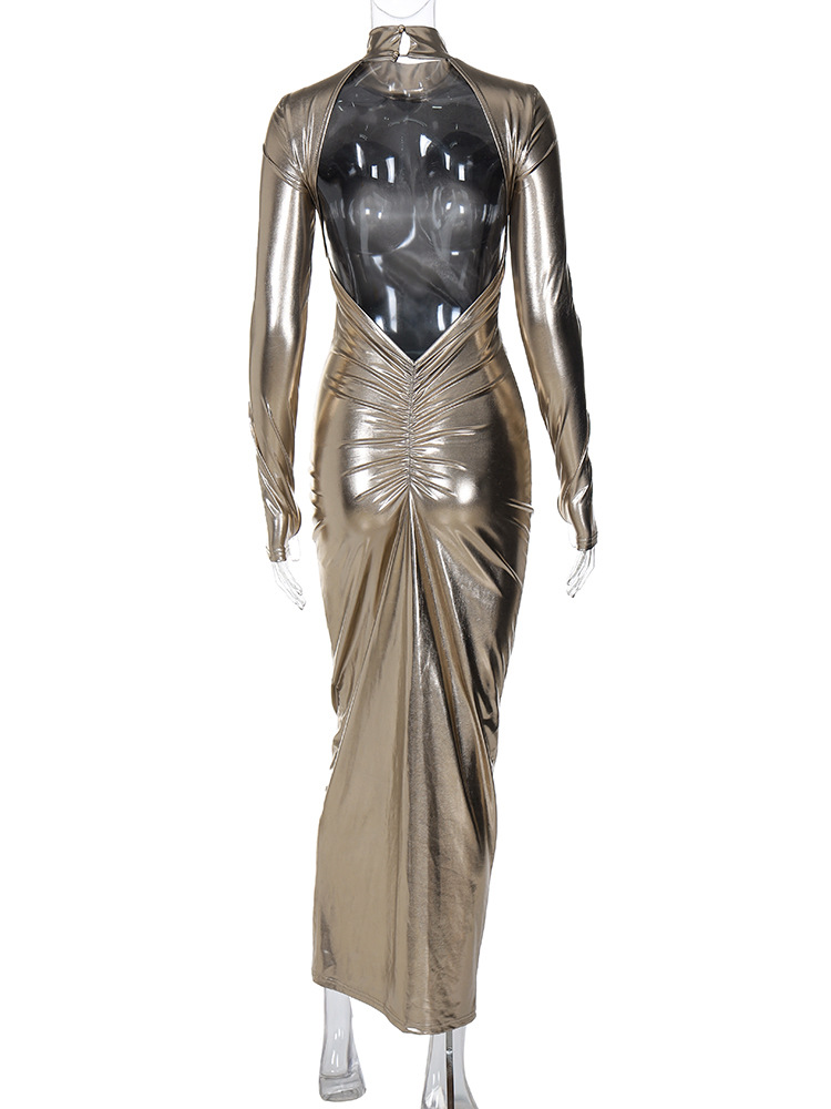 Sexy Spicy Girl New Large Open Back Pleated Long Sleeve Finger Cover Dress with Waist Tight Standing Neck and Hip Wrap_voghion.com