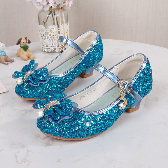 Girls' High Heels Spring New Children's Princess Shoes All-match Soft-soled silver Crystal Shoes Little Girl's Performance Leather Shoes