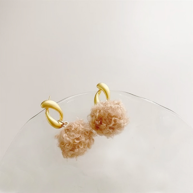 Korean fashion lamb wool plush ball earrings new niche geometric all match silver needle earrings trend_voghion.com