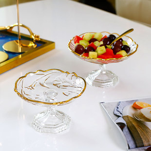 Light Luxury Gold-Rimmed Glass Tall Fruit Plate Home Living Room Fruit Plate Small Candy Plate Hotel Snack Plate