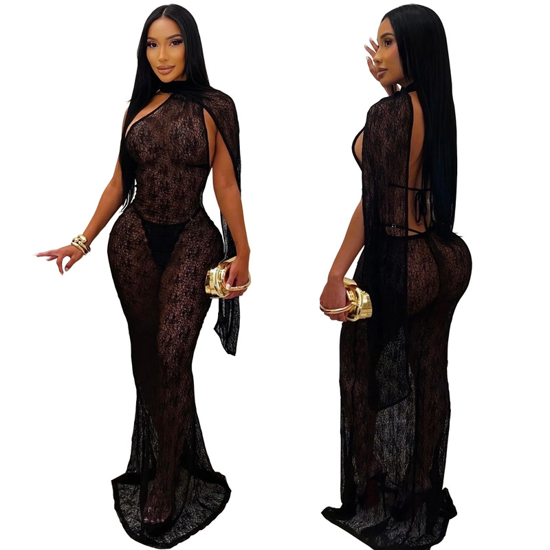 European and American cross-border sexy black lace long dress, halter neck, backless, cape sleeves, sheer fishtail evening dress for women European and American cross-border sexy black lace long dress, halter neck, backless, cape sleeves, sheer fishtail evening dress for women