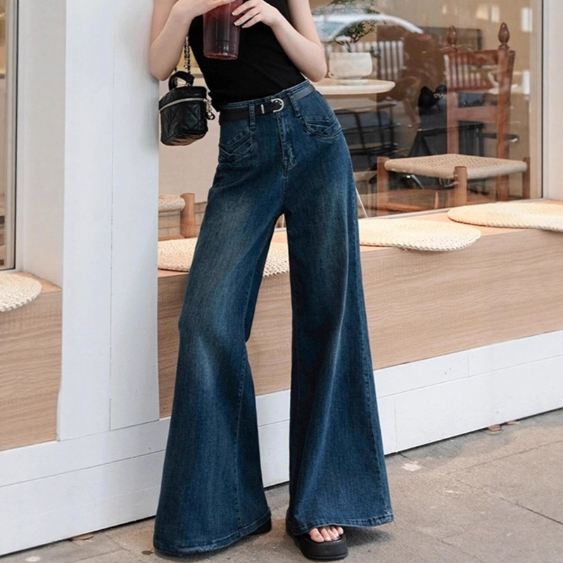Hong Kong Style Retro Dark Blue Draped Flared Jeans for Women Spring & Fall Petite Loose Wide-Leg Pants Floor-Length Long Pants