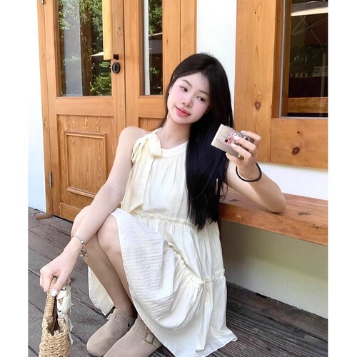 Original Version: Short-sleeveless strapless V-neck dress for children, summer beach vacation fairy sand
