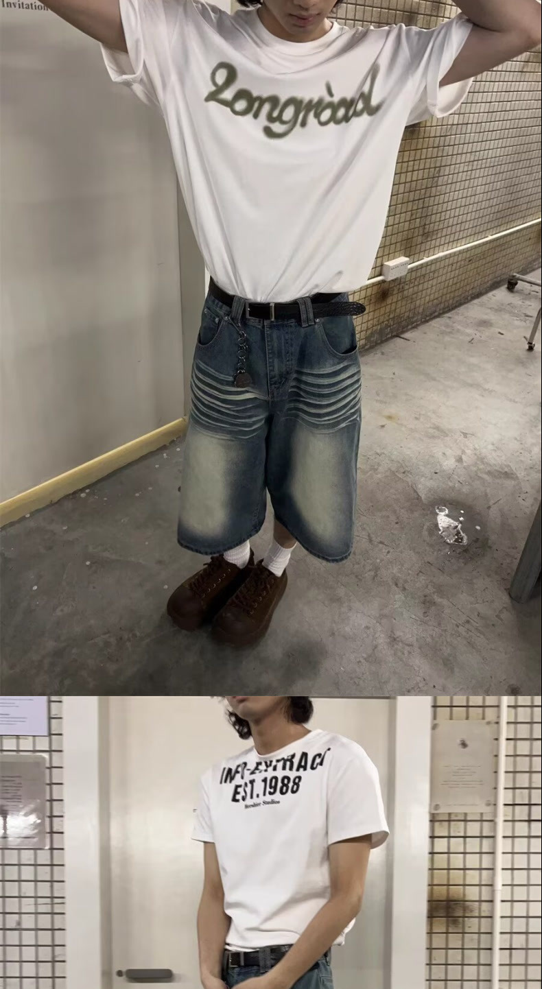 Men's Vintage Washed Blue Distressed Denim Shorts Loose Fit Streetwear Style Cargo Pants with Multi-Pockets_mkmklike.com