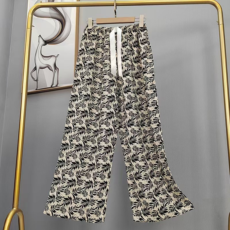 Pijama de seda de algodón para mujer, pantalones anchos de mujer embarazada de seda de algodón con estampado fino de verano