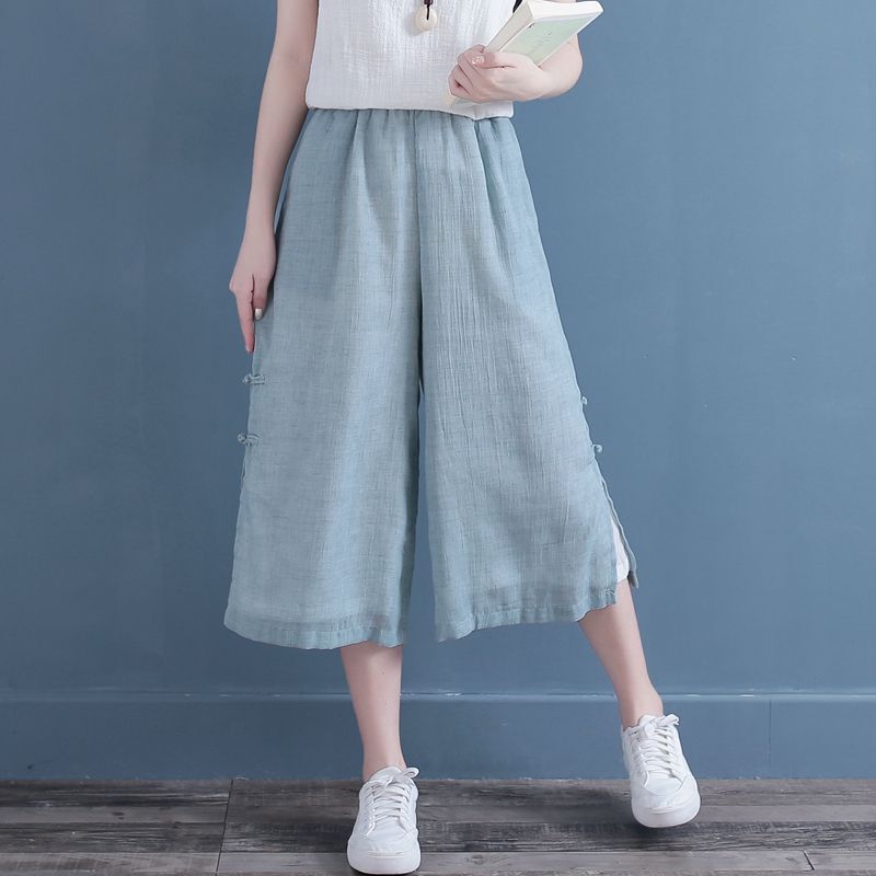 Cropped Wide-Leg Pants Women's Summer Double-Layer Large Size All-Match Ethnic-Style Cotton-Linen Loose Straight-Leg Pants Casual Yoga Pants