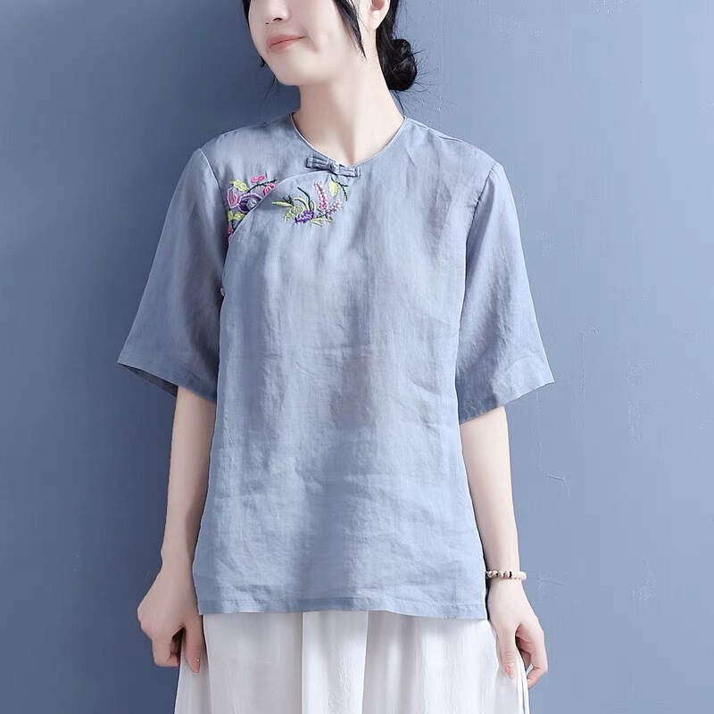 Cotton and Linen Top 481 Blue Women's T-Shirt Southeast Asian Elegant Cotton and Linen Top 481 Blue Women's T-Shirt Southeast Asian Elegant